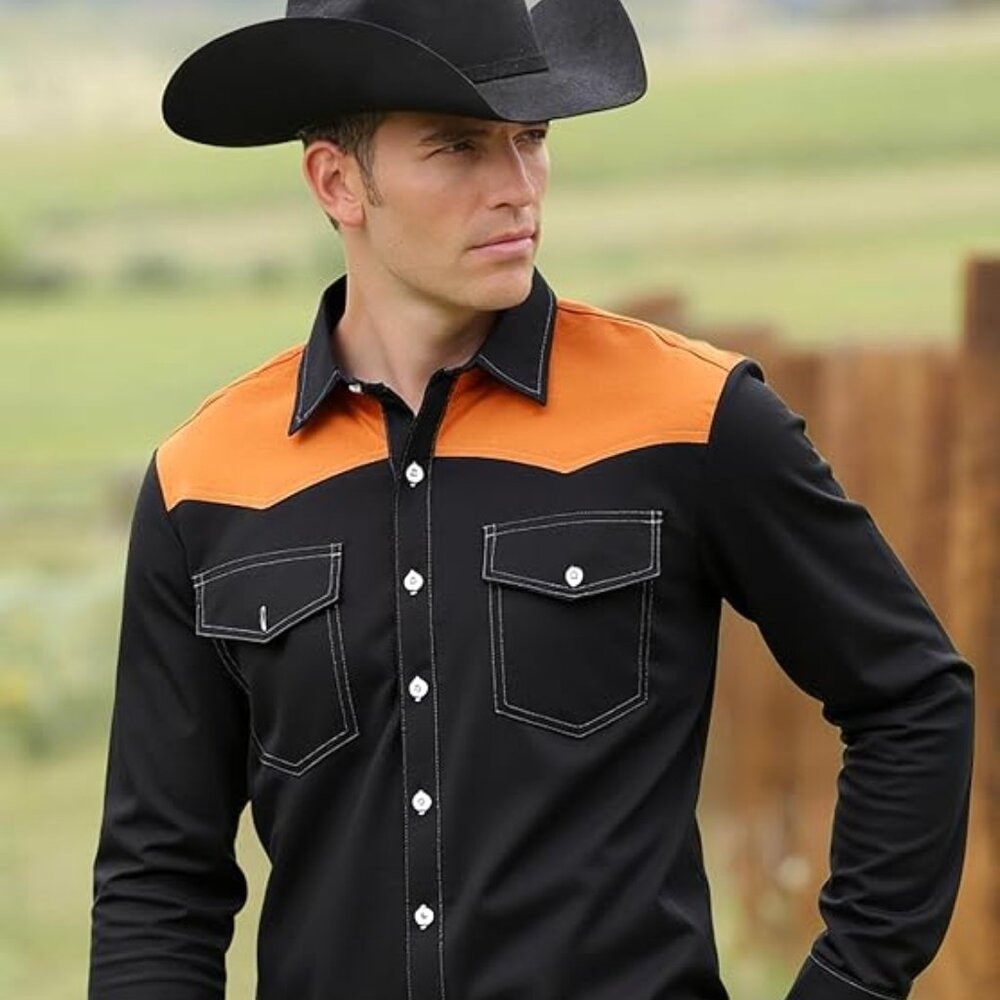 Cowboy Shirt for Men Western Casual Work Long Sleeve Plaid Button Down-Navy Blue